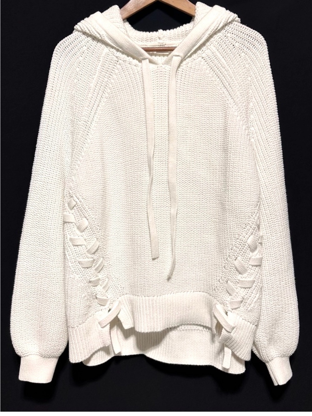 Cream Chunky Knit Hoodie Oversized Fisherman Coastal Apres Ski Sweater L